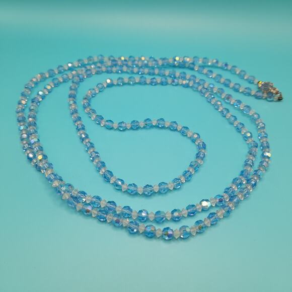 Vintage Baby Ice Blue Aurora Borealis Crystal Beaded Single Strand Necklace, 62" - Picture 2 of 10